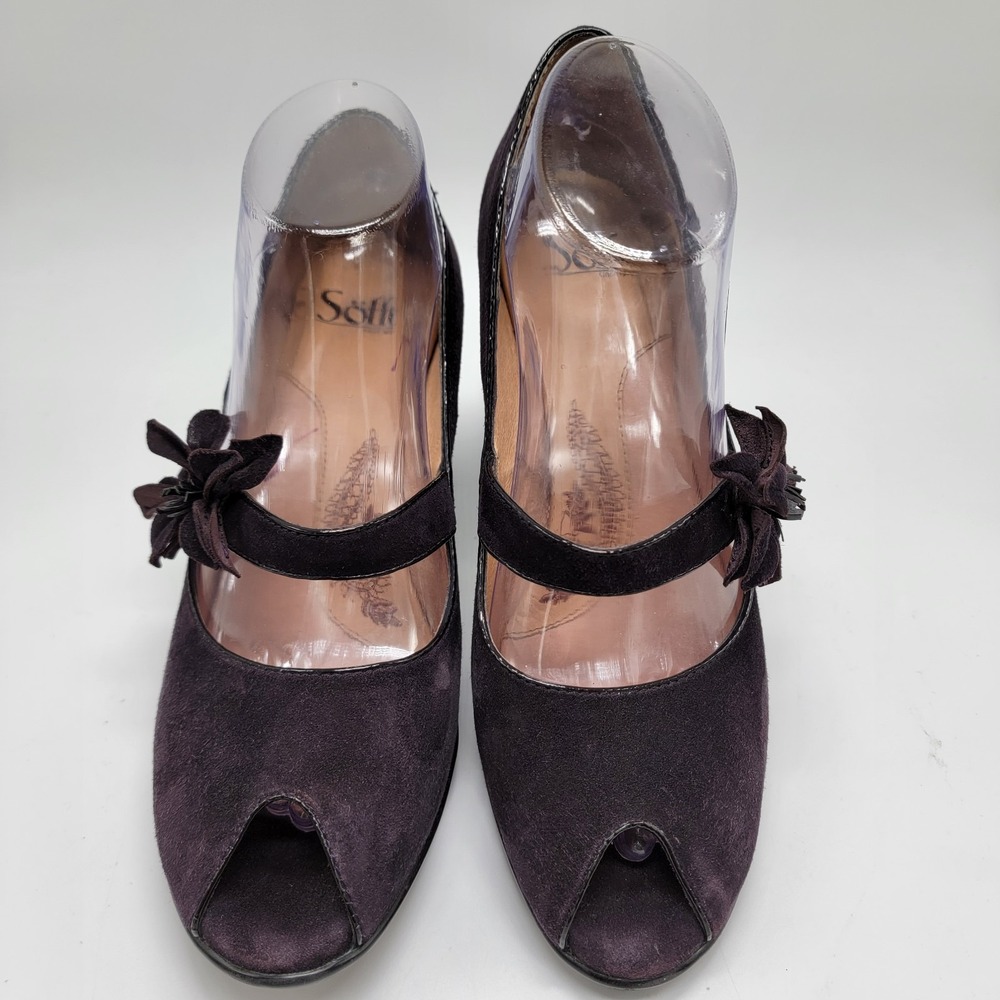 Sofft Mary Jane Heels Flower Button Strap Open Peep Toe Boho Plum Suede Leather